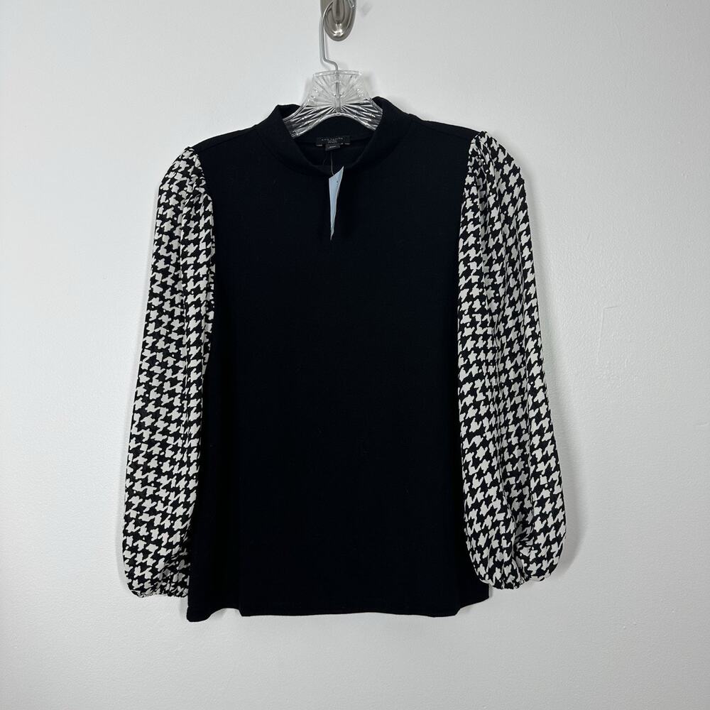 NEW Ann Taylor Womens XXSP Black Long Semi Sheer Sleeve Mock Neck Blouse
